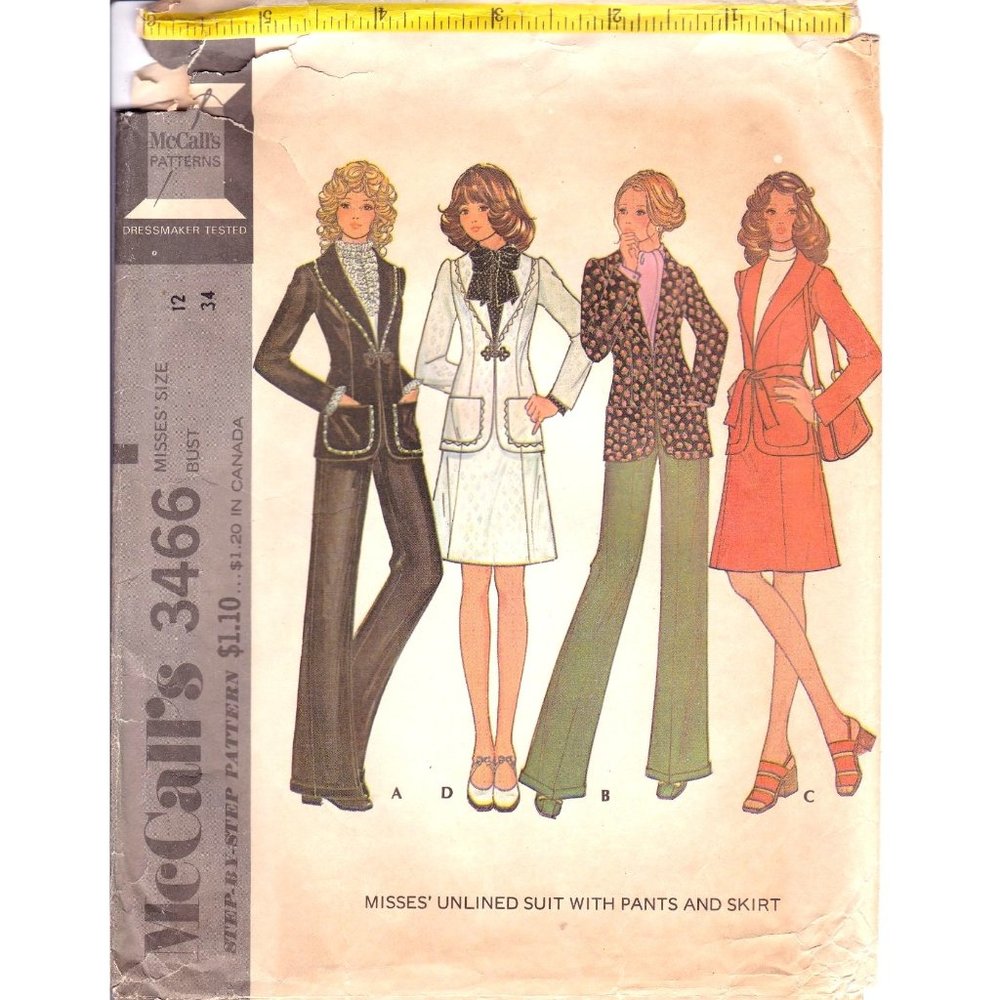 Vintage Sewing PATTERN McCalls 3466, Misses 1972 Step by Step Unlined Suit
